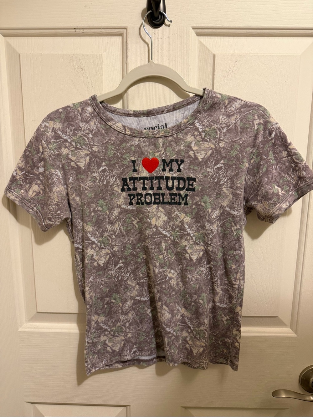 Womens' Graphic Tee - Purple Camouflage "I ♥ My Attitude Problem"